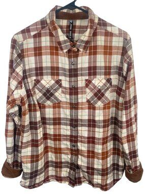 Kuhl Tess Plaid Flannel Womens XL Flip Cuffs Snap Plaid Corduroy Brown 8457